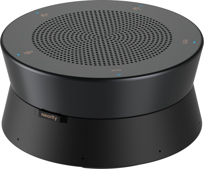 Black Nearity A20S Conference Speakermic with a circular design, perforated top for sound dispersion, and illuminated touch controls on the surface.