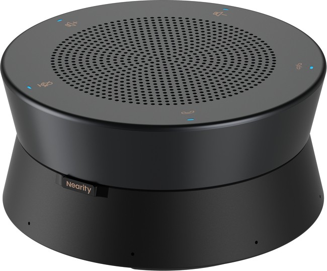Black Nearity A21S Conference Speakermic with a circular design, featuring a perforated top, touch-sensitive controls, and a sleek matte finish.
