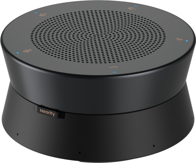 Round black conference speakermic with a textured top featuring blue indicator lights and touch controls, designed for Bluetooth connectivity.