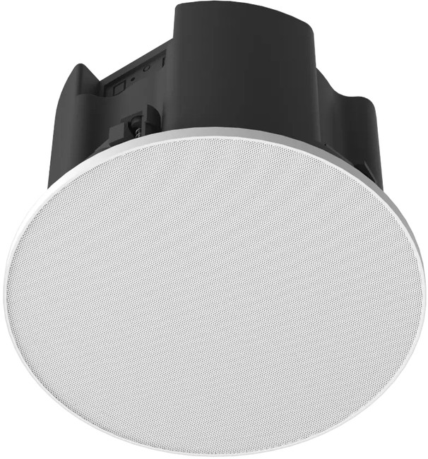 Circular white loudspeaker with a metal mesh grille, featuring a sleek black back for easy installation, designed for ceiling or wall mounting.