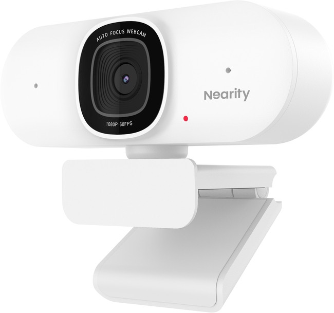 White Nearity CC100 webcam featuring a sleek design, 1080p resolution at 60fps, an auto-focus lens, and a clip-on mount for easy attachment to monitors.