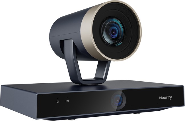 Nearity V540D dual-lens PTZ conference camera featuring a sleek black and gold design, with a prominent lens and a sturdy base for stable positioning.