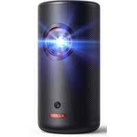 Black Anker Nebula DLP projector, cylindrical design, projecting blue light, 1080p resolution, 300 ANSI lumens.