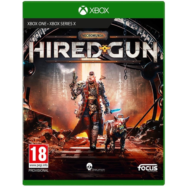 Cover art for "Necromunda: Hired Gun" featuring a character in a dark, gritty environment with a dog companion, bold title in metallic font, and vibrant colors against a green Xbox case.