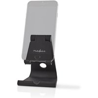 Black Nedis smartphone/tablet stand with adjustable angles, sleek design, suitable for home or office use.