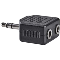 Black Nedis stereo audio adapter, 3.5 mm male plug to dual 3.5 mm female ports, compact rectangular design.