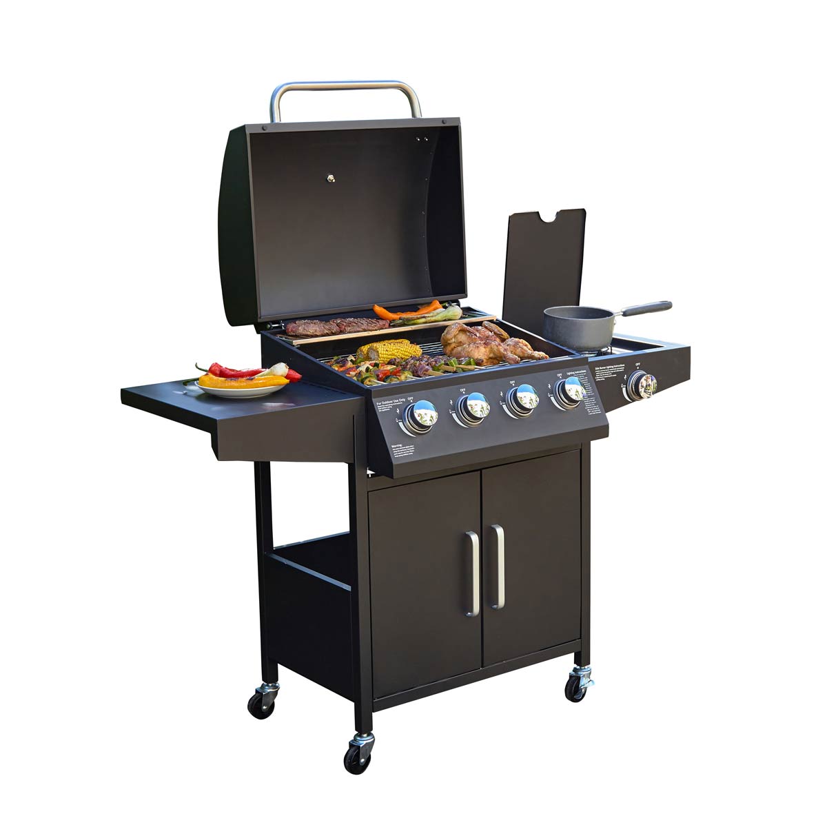 Black stainless steel gas BBQ grill with four main burners and one side burner, featuring a spacious cooking area, side shelves, and a protective cover.