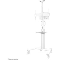 "White Neomounts AFLS-825WH1 videobar kit with adjustable stand, wheels, and multimedia shelf"