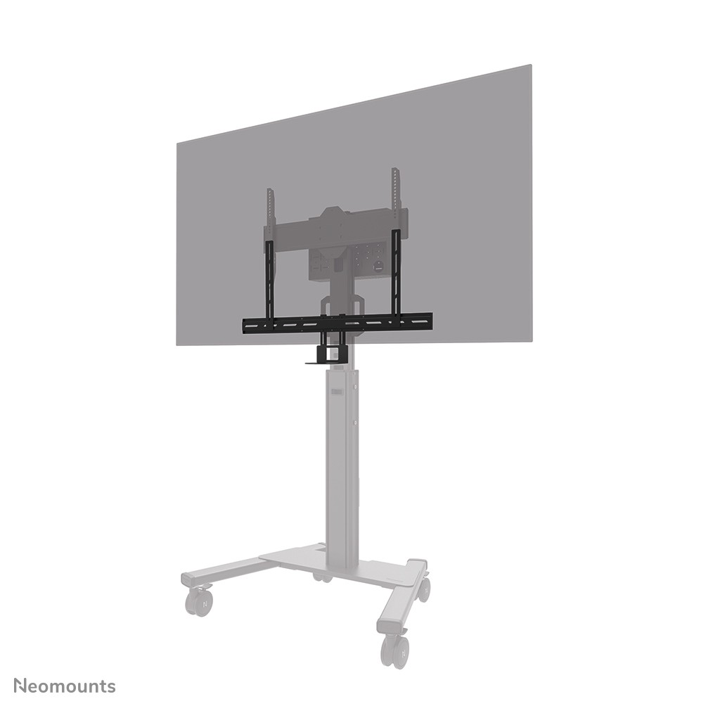 Black metal camera shelf kit with adjustable brackets, designed for VESA mounts, compatible with displays 43-110 inches, featuring a sturdy, wheeled base for mobility.