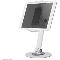 White Neomounts universal tablet stand with adjustable arm, holding a tablet, fits devices 4.7-12.9 inches.