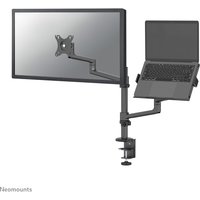 Black Neomounts DS20-425BL2 monitor arm with laptop holder, adjustable dual arms, clamp base, fits 17-27" screens.