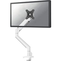 White Neomounts monitor arm with gas spring, Topfix mount, and 180° stop, holding a flat screen.
