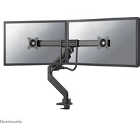 Black dual monitor arm with gas spring, supporting two 17-32" screens, featuring a sleek design and Topfix mount.