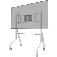 White Neomounts FL50-575WH1 TV trolley with adjustable mount, sturdy base, and four caster wheels for 65-115" screens.