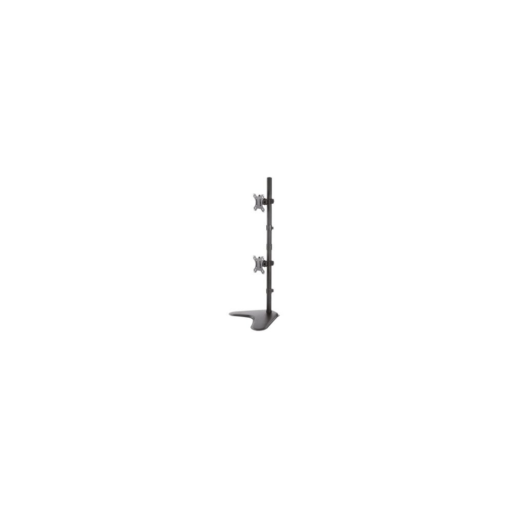 Black Neomounts FPMA-D550DDV desk mount with a sleek design, featuring dual monitor arms that swivel and tilt for adjustable viewing angles, made from sturdy metal.