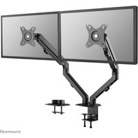 Black dual monitor arm with coil spring, adjustable arms, and clamp base for 17-27 inch screens.