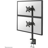 Black Neomounts FPMA-D700DV dual monitor arm with vertical stacking, adjustable mounts, and desk clamp.