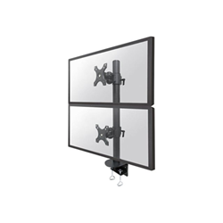 Black dual monitor desk mount with a swiveling design, featuring sturdy metal construction, adjustable arms, and a sleek finish for optimal viewing angles.