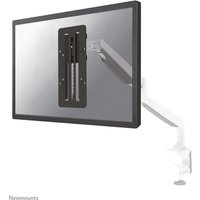 Black Neomounts height adjustable VESA adapter with sleek design, mounted on a white adjustable arm.