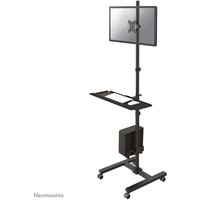 Black Neomounts FPMA-MOBILE1700 mobile workstation with adjustable monitor mount, keyboard tray, and wheeled base.