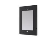 Black lockable wall mount for 9.7" tablets, featuring a sleek design with a secure enclosure and a front cutout for camera access.