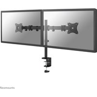 Black Neomounts NM-D135DBLACK dual monitor arm with adjustable clamps for 10-27" screens, sleek and sturdy design.