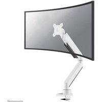 White Neomounts monitor arm with gas spring, adjustable for 10-49" screens, sleek design with clamp base.