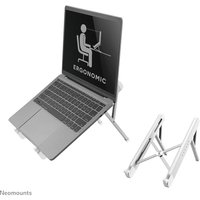 Foldable silver Neomounts NSLS010 laptop stand, adjustable for 11-17" laptops, compact and universal design.