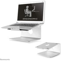 Silver Neomounts NSLS050 rotatable laptop stand, sleek design, supports 10-17" laptops, ergonomic and universal.