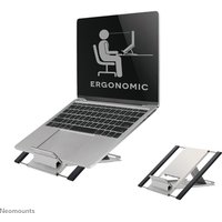 Foldable silver Neomounts laptop stand for 10-22" devices, compact design with adjustable ergonomic support.