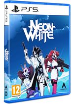 Neon White for PS5 features vibrant blue packaging with anime-style characters in a dynamic pose, showcasing a futuristic aesthetic and bold graphics.