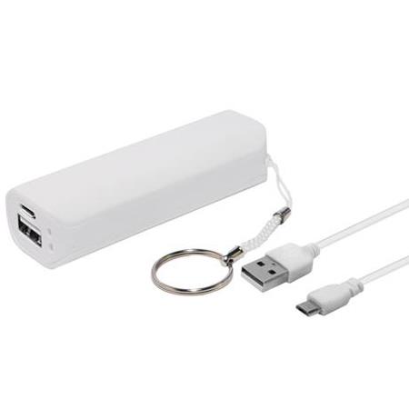 White NeoXeo 1500WT power bank with a sleek design, featuring a USB output, keychain attachment, and a USB-C charging cable.