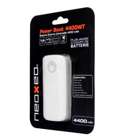 White Neoxeo X370H37012 power bank in packaging, featuring a sleek design, 4400 mAh capacity, and USB output, labeled with compatibility details.