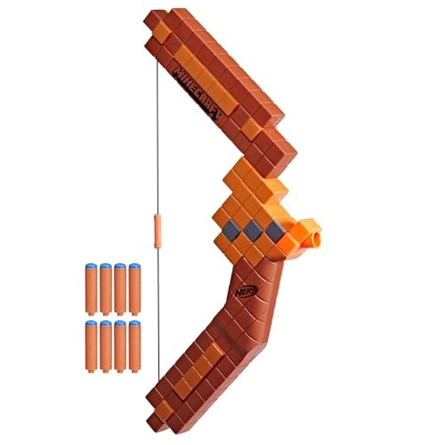Nerf Minecraft Dart Firing Bow Blaster in brown and orange, resembling a pixelated design, with a string and six accompanying foam darts.