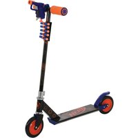 Black and orange Nerf scooter with handlebar blaster, foam darts, and blue wheels.