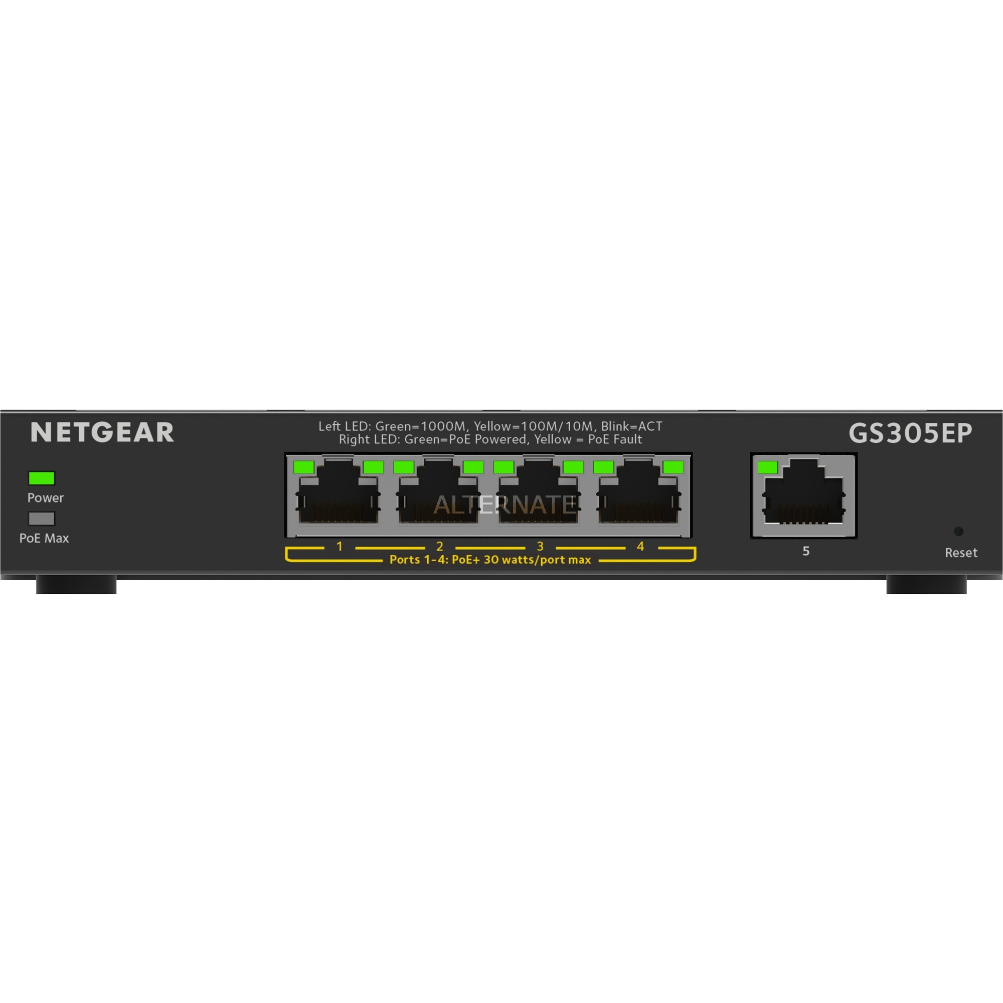 Netgear 5-port switch with Power over Ethernet (PoE+), featuring a black metal casing, LED indicators, and ports labeled for power and data connections.