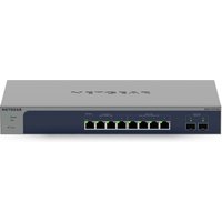 Gray NETGEAR 8-port Ethernet switch with LED indicators and two additional ports on the right side.
