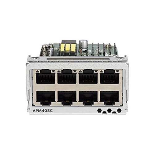 Netgear 8-port network card with eight RJ-45 10GBase-T LAN ports, featuring a metallic silver casing and labeled APM408C-10000S, designed for high-speed data networking.