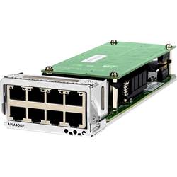 Netgear 8-port PoE+ port card featuring a green circuit board and a silver metal casing, with eight RJ-45 connectors for 10GBase-T Ethernet networking.