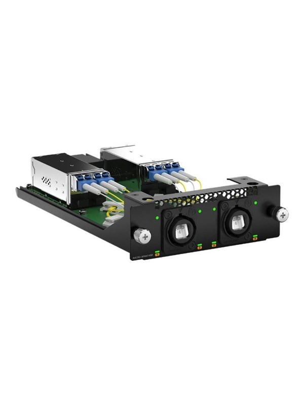 Netgear APM414SD expansion module featuring a black metal chassis, four SFP28 ports, and LED indicators for 10/25 Gigabit connectivity.
