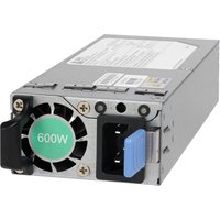 Silver NETGEAR APS600W power supply unit with 600W label, cooling fan, and blue connector.