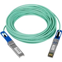 Turquoise Netgear 15m fibre optic cable with silver SFP+ connectors and blue release tabs