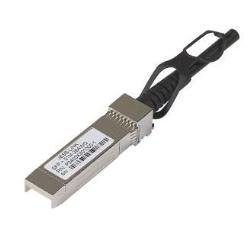 NETGEAR ProSafe Direct Attach SFP+ cable, 10 ft long, featuring a sleek metal connector with a black plastic latch and a label on the side for identification.