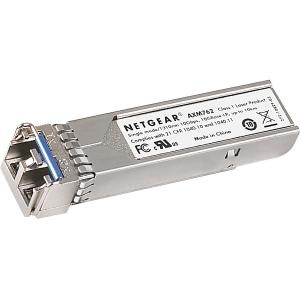Netgear SFP+ transceiver in silver metal, featuring a blue LC duplex connector, labeled AXM76310000S, designed for 10GBASE-LRM data networking and optical networks.