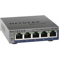 NETGEAR GS105E Managed Gigabit Ethernet Switch, gray metal casing, five Ethernet ports with LED indicators.
