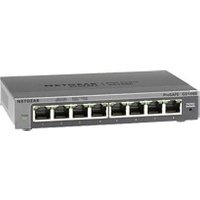 Gray NETGEAR GS108E Ethernet switch with 8 ports, LED indicators, and metal casing.