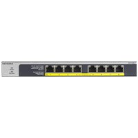 NETGEAR GS108LP Ethernet switch, gray with eight black ports, yellow PoE labels, and compact rectangular design.