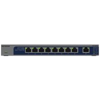 NETGEAR GS108MX-100EUS network switch, gray and blue with 8 Ethernet ports and LED indicators on the front panel.