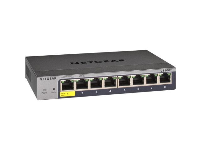 Netgear 8 Port Gigabit Smart Pro Switch in black metal housing, featuring eight Ethernet ports, LED indicators, and a reset button on the front panel.