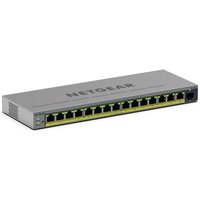 Gray NETGEAR GS116EPP Ethernet switch with 16 ports, green LED indicators, and compact rectangular design.